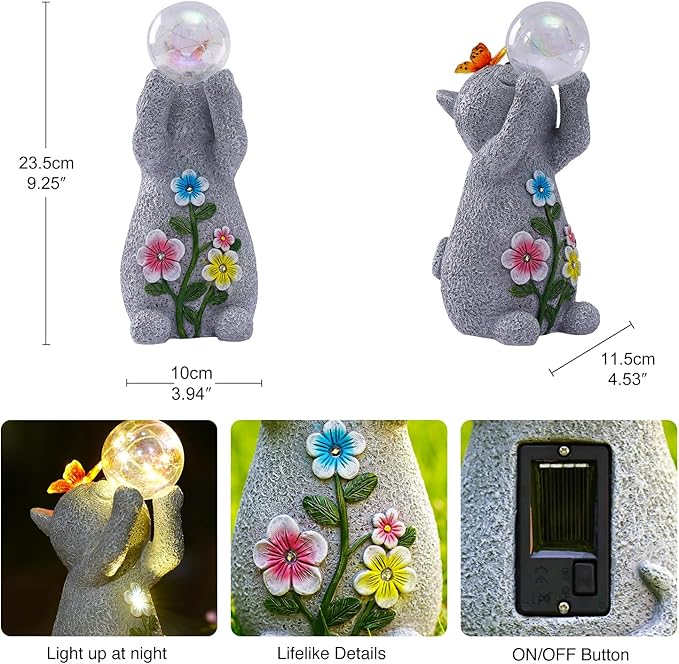 Goodeco Solar Cat Garden Statue - Outdoor Cat Decor with Solar Butterfly & Succulent Flowers LED Lights for Cat Lovers and Garden Enthusiasts - Ideal Gifts for Mom & Birthdays