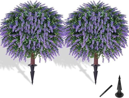 Artificial Lavender Topiany Ball Trees Set of 2,17” Resistant Fake Evergreen Shrubs with Ground SpilRealistic Outdoor Indoor Plants for Garden Porch Maintenance-Free Potted