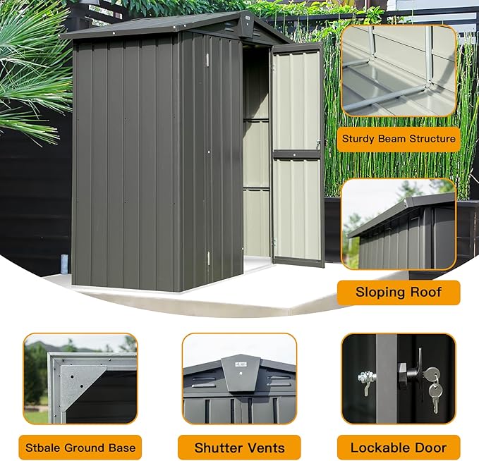 Domi Outdoor Storage Shed 5'x3, Metal Waterproof Tool Shed Utility Storage House with Double Lockable Doors & Air Vent for Garden Backyard Patio Lawn