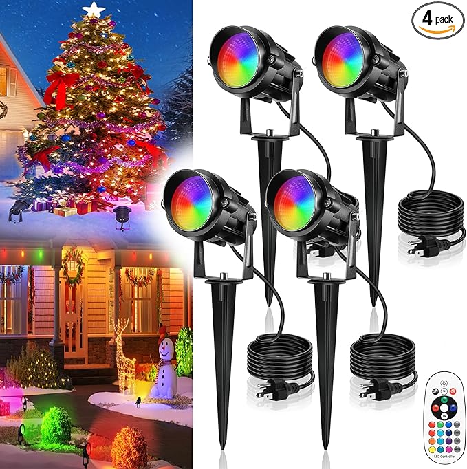 Christmas Spotlight Outdoor 12W RGBW LED Color Changing Landscape Lights with Remote Control 120V Waterproof Plug in Spot Lights outdoor Landscape Light for Tree Yard Garden Christmas, 4 Packs