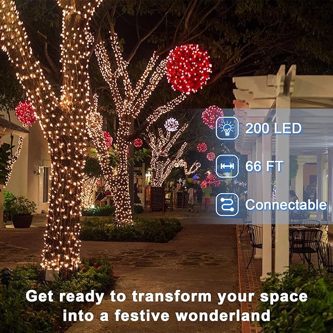 66FT Christmas Decorative Lights, Connectable 200 LED Green Wire Fairy String Lights Plug in, 8 Lighting Modes LED String Lights, for Indoor Outdoor Xmas Tree Wedding Party Decoration Warm White