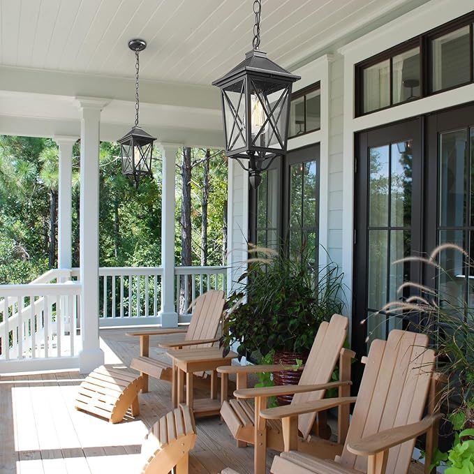 Darkaway Outdoor Pendant Light Fixture, Outdoor Hanging Porch Light with Seeded Glass, Anti-Rust Waterproof Aluminum E26 Socket Lighting for Porch Entryway Doorway