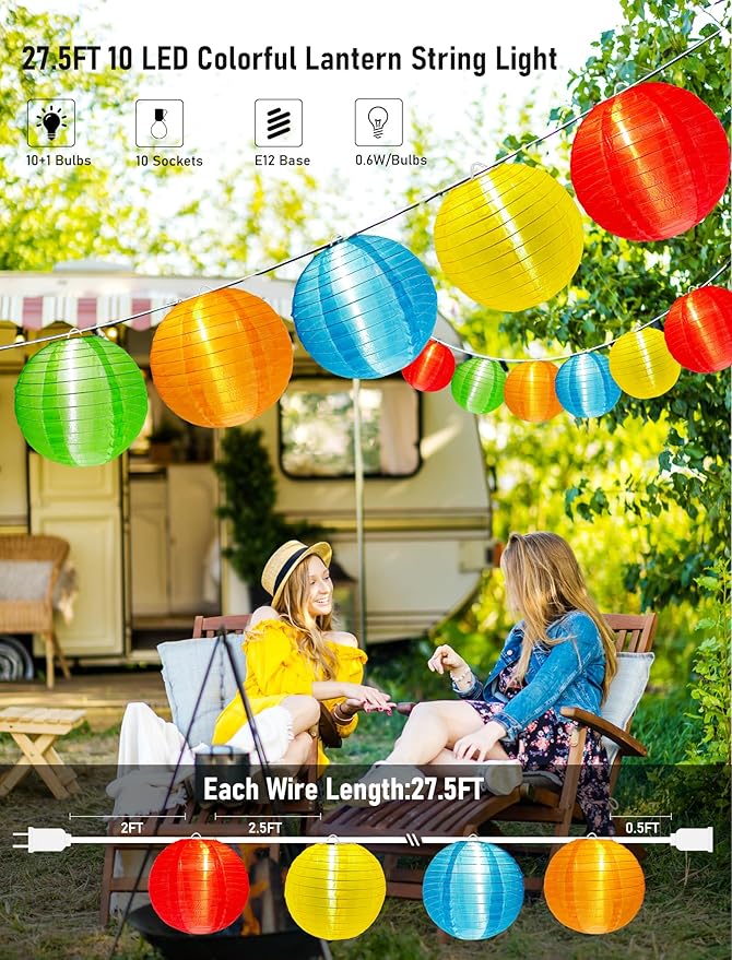 G40 LED Outdoor Lantern String Lights, 25FT Multicolor Patio String Lights with 10 Chinese Lanterns, Plug in Nylon Lantern Lights Waterproof UL Listed for Backyard Party Birthday Wedding Christmas