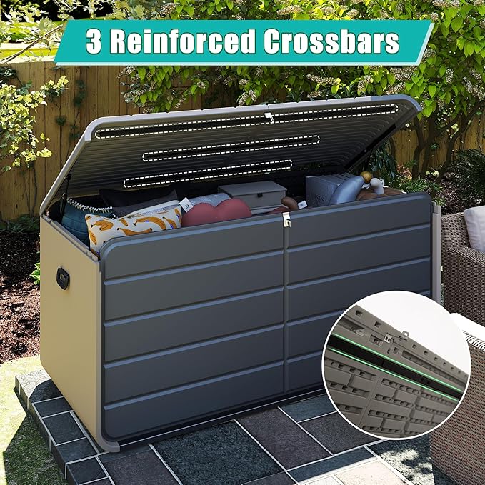 Domi 200 Gallon Resin Deck Box, Waterproof & UV-Resistant Outdoor Large Storage Box Lockable Storage Bin for Patio Cushions Pool Supplies Garden Tools and Delivery Storage
