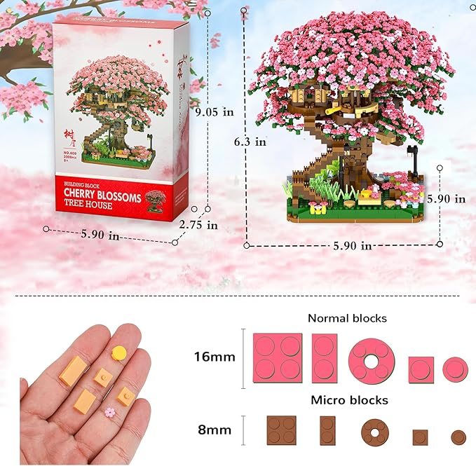 Cherry Blossom Bonsai Tree Mini Micro Building Set, Japanese Sakura Tree House Model Sets for Adults, Flowers House Mini Bricks Building Kit, Creative Gift Toys for Kids 12-14 (2138PCS)