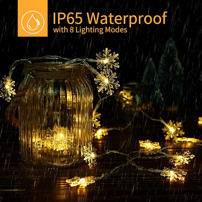 Brightown Solar Christmas Snowflake String Lights 100 LED 39 FT Outdoor Waterproof Fairy Lights with 8 Lighting Modes for Wedding, Party, Tree, Room, Garden, Patio, Yard, Home, Warm White