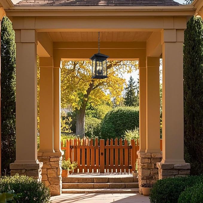 Classic Outdoor Hanging Lantern – Weather-Resistant, Stylish, Matte Black Finish, Clear Seeded Glass and Functional, Extra Large Size