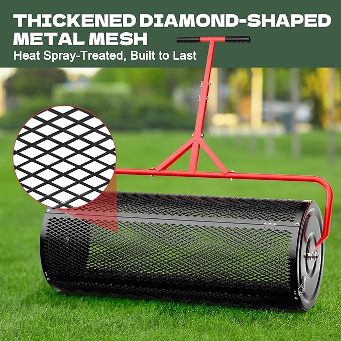 Compost Peat Moss Spreader for Lawn, 36 Inch Compost Roller Spreader with Adjustable T-Shaped Handle, Upgraded Side Clasps, Durable Lightweight Metal Roller, Lawn Garden Yard Care