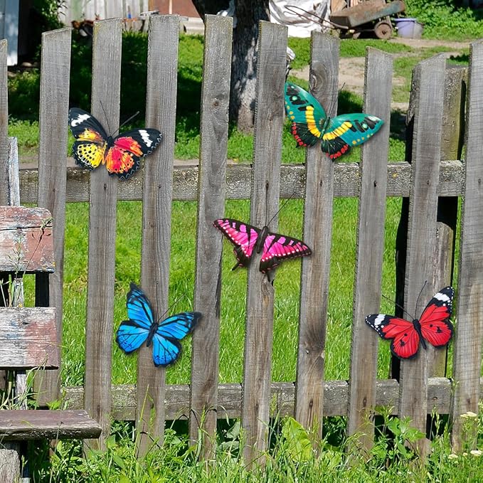 EOORAU Metal Butterfly Wall Decor - 5 Pack Lifelike Butterflies Wall Art Sculpture Hanging Decorations for Indoor or Outdoor, Yard Patio Fence Garden Decorations