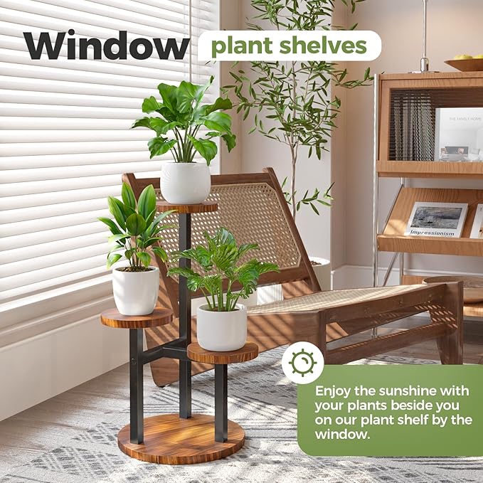 Bamworld 3 Tier Plant Stand Indoor Small Plant Shelf Outdoor Metal Tall Flower Holder Table Support Rack Garden Accessories for Plant Lovers(Brown)