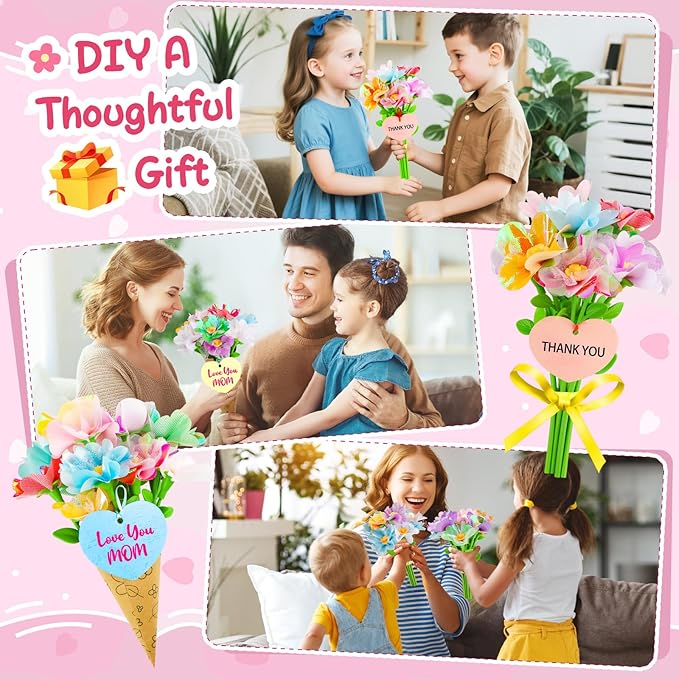 Wwzzey Fabric Flower Bouquets Toys - Arts and Crafts for Kids Ages 4-8 8-12, Kids Crafts DIY Kit with Blessing Cards, Birthday Christmas Gifts for 4 5 6 7 8+ Year Old Girls Boys