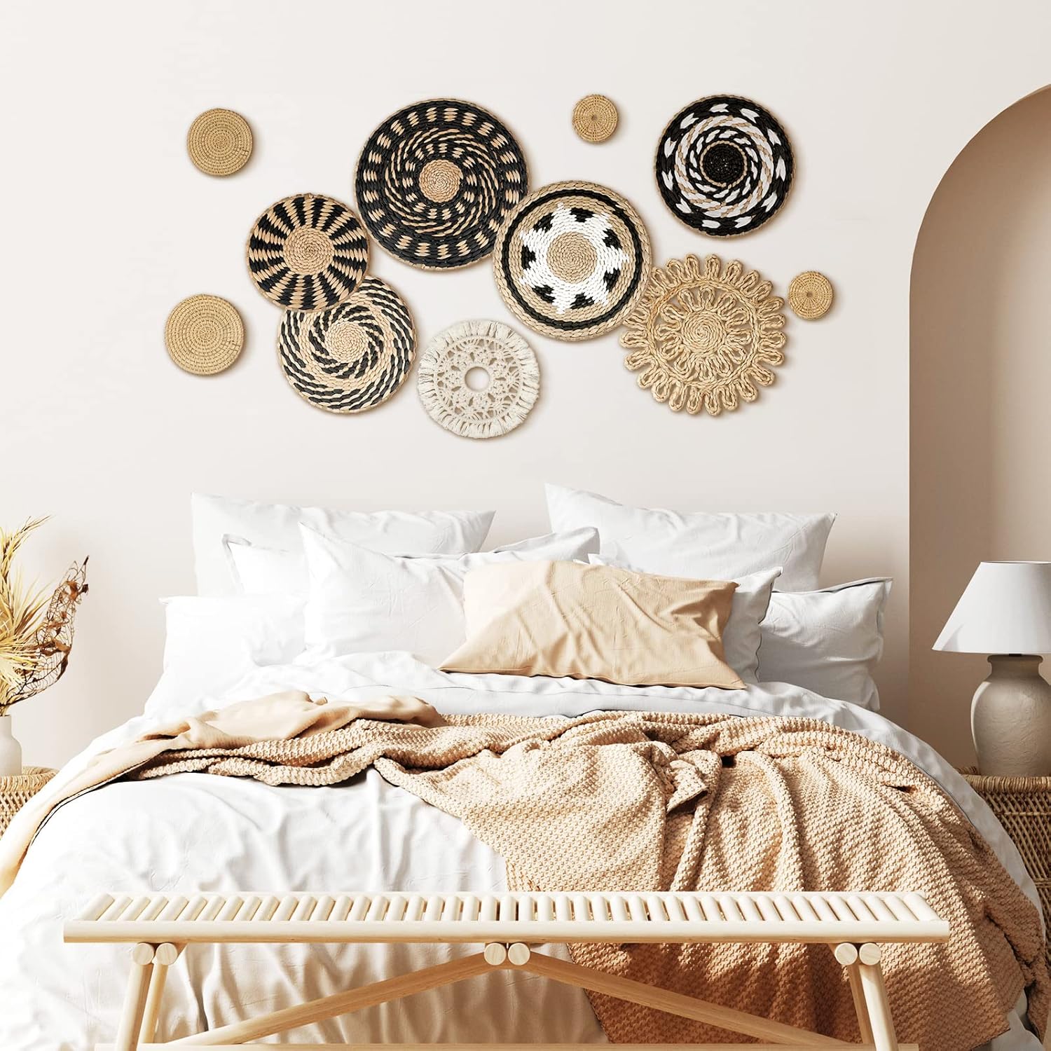 Tatuo 11 Pcs Boho Wall Basket Decor Decorative Bulrush Woven Basket Wall Decor Art Round Farmhouse Hanging Baskets for Kitchen Rustic Home Summer Decorations, Multi Sizes(Boho)