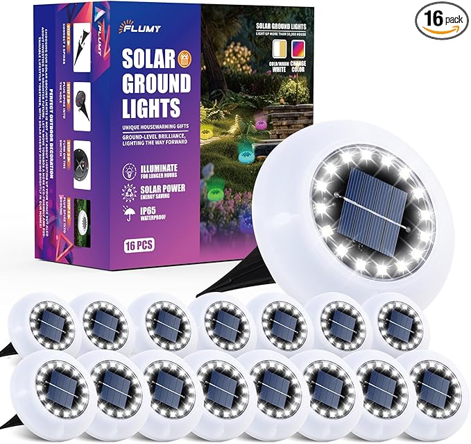 Flumy Solar Ground Lights, 16 Pack 16 LED Solar Lights Outdoor Waterproof, Solar Garden Lights for Outside Patio Pathway Yard Lawn Driveway Pathway Walkway, Outdoor Christmas Decorations(Cool White)