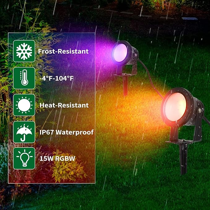 Christmas Spot Lights Outdoor 15W RGB Color Changing Landscape Lights with APP Control IP67 Waterproof Spotlight Outdoor 12V Low Voltage Landscape Lighting Outdoor Spotlights for Yard -2Pack