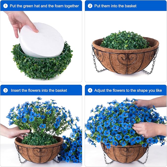 Artificial Fake Hanging Plants Flowers with Basket Outdoor Decor Faux Silk Daisy Flower Arrangements in Pot Planter for Porch Home Indoor Patio Garden Yard Decoration, Blue