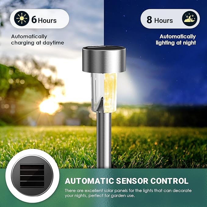 GIGALUMI Solar Lights Outdoor Waterproof, 12 Pack, Stainless Steel LED Solar Garden Lights for Patio, Lawn, Yard and Landscape, Garden Decor Patio Decor,Warm White