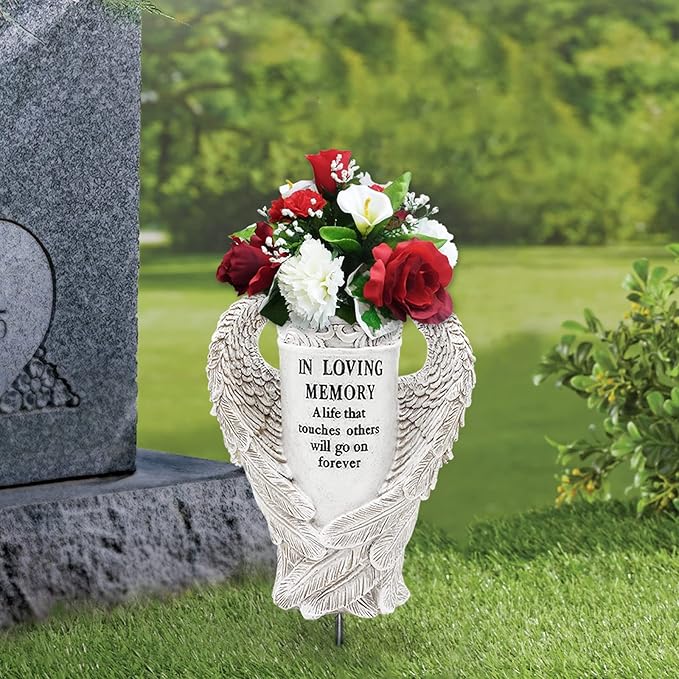 BAYN Grave Decorations for Cemetery, Angel Wings Vases with Spikes for Garden Decorations Waterproof Garden Statues Memorial Gifts for Loss of Loved One