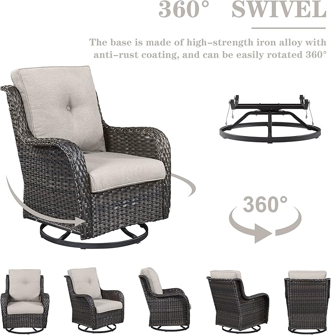 5 Pieces Patio Furniture Sets Wicker Outdoor Furniture, Rattan Patio Swivel Glider Chairs with 2 Ottoman and Glass Side Table