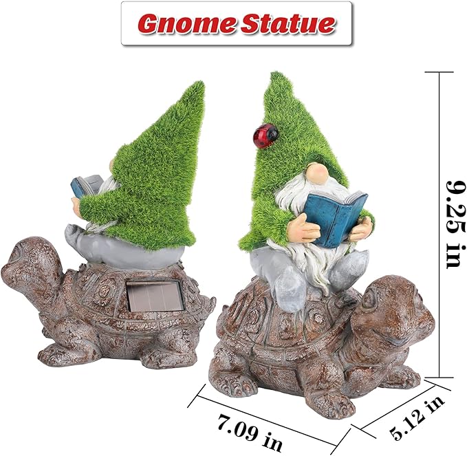 Garden Gnome Sitting on Turtle Outdoor Statues and Sculpture with Solar Lights, Garden Gnome Solar Statues and Turtle Figurines for Patio Yard Lawn Porch Decorations