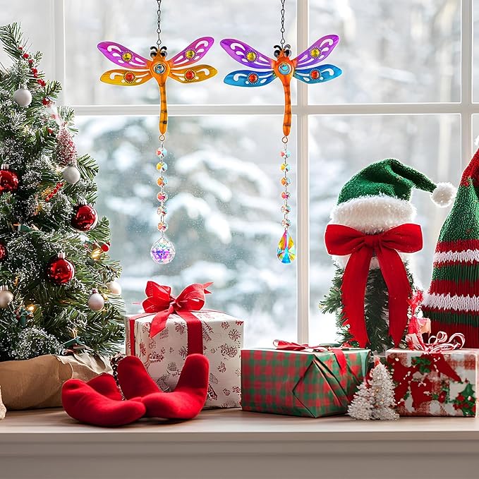 Crystal Dragonfly Suncatchers for Christmas, 2 Pack Dragonfly Sun Catcher for Windows Hanging, Stained Glass Dragonfly Ornament for Outdoor Home Decor