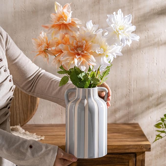 Ceramic Grey and White Checkered Stripes Vase with Handles, Hand-Painted Modern Minimalist Bohemian Floral Vases Home Decor, Cottage Core Decor, Flower Vase for Bouquet Mantle Kitchen Bookshelf 9.1 In