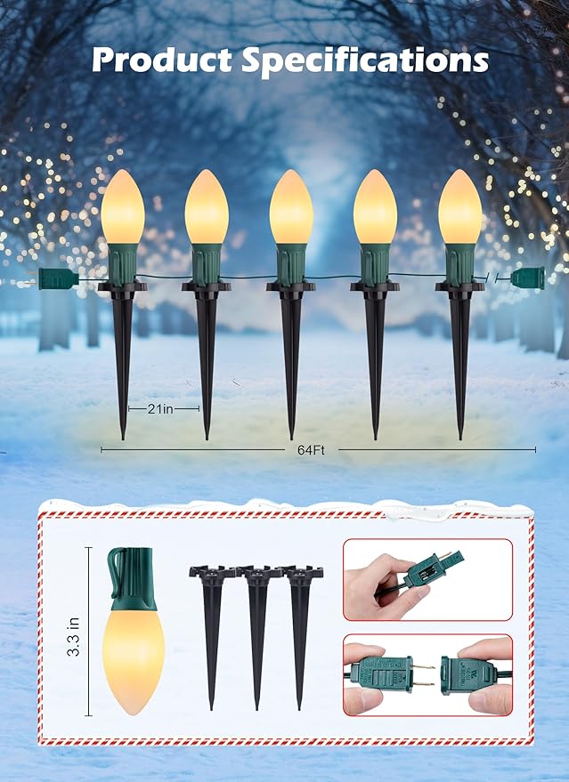 Brightown Frosted C9 LED Christmas Lights Outdoor, 2 Packs Total 64Ft Christmas Pathway Lights with 50 LED Bulbs and Stakes, Christmas Decorations Outside Driveway Walkway Sidewalk, Warm White