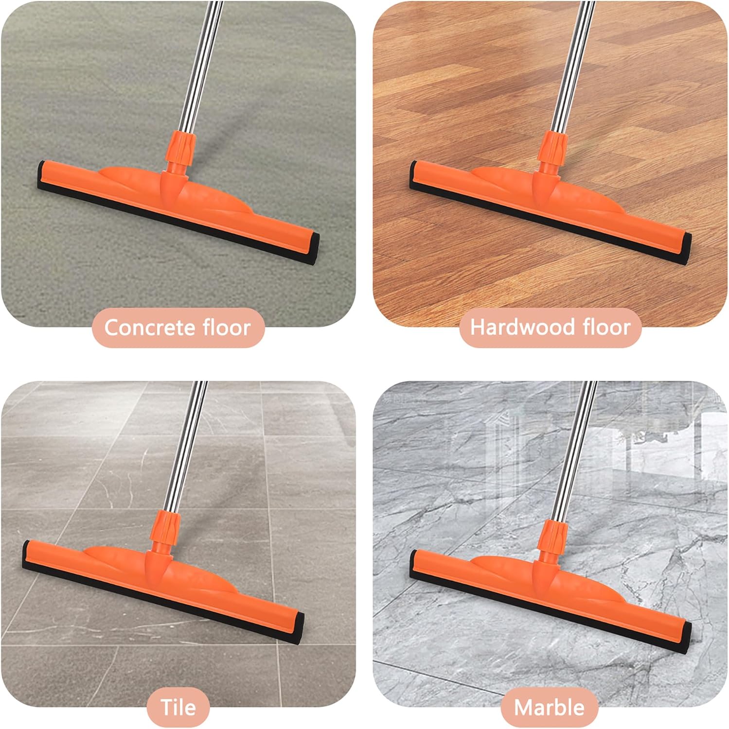 Floor Squeegee Scrubber, 17'' Heavy Duty Household Broom EVA Foam Blade Rubber Wiper Squeegee for Concrete Floor Garage Shower Bathroom Tile Scrubber 60'' Long Handle Multifunction Magic Broom(Orange)