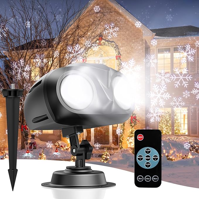Double Head Christmas Snowflake Projector Light Outdoor, Outside Christmas Decorations Lights with Remote Control, Suitable for Indoor Garden Patio (L)