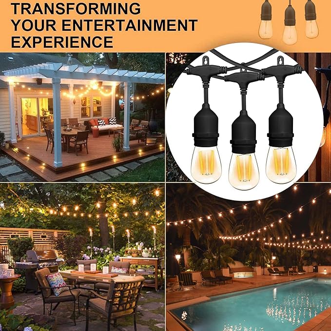 Banord Outdoor String Lights, 48FT Waterproof Patio Lights with 2W Dimmable LED Bulbs, for Outdoor Backyard, Garden, Deck, Porch, Gazebo, Balcony, Camping, Party