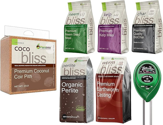 Coco Bliss Coco Coir + Organic Perlite + Worm Castings + Neem Meal Fertilizer + Kelp Meal Fertilizer + Organic Biochar for Plants - Potting Soil & Fertilizer Mix for Plants - Organic Gardening Bundle