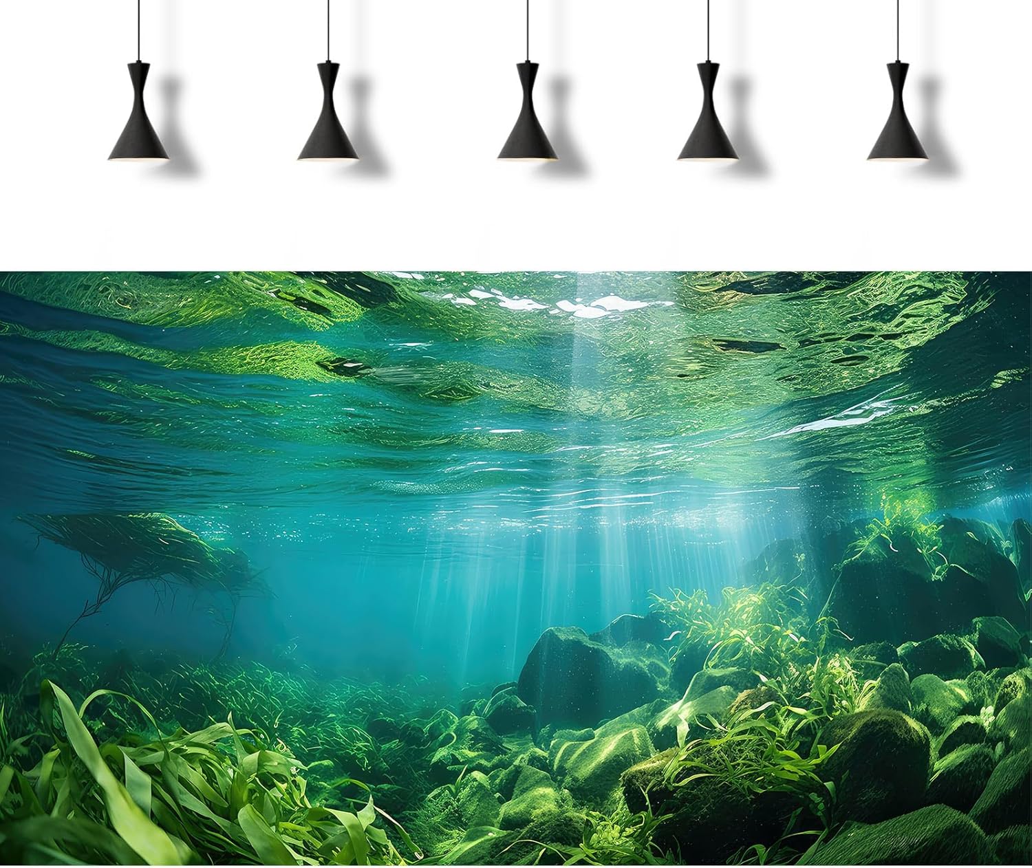 Under The Sea Fish Tank Background Aquatic Plants Deep Sea Aquarium Background Underwater Sunray Rock with Moss Terrarium Backgrounds Deep Ocean Floor Tropical Fish Tank Backgrounds 72x16in