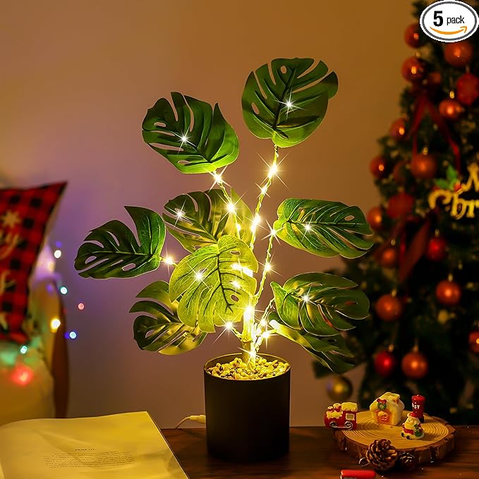 Artificial Monstera Deliciosa Plants Lamp, Tropical Trees with Greenery Leaves Stems,for Womens Gifts, Perfect Ideal for Bedroom Home Coffee Shop Decor Ambiance Charming Twinkling Tree (PLANTS - 2)