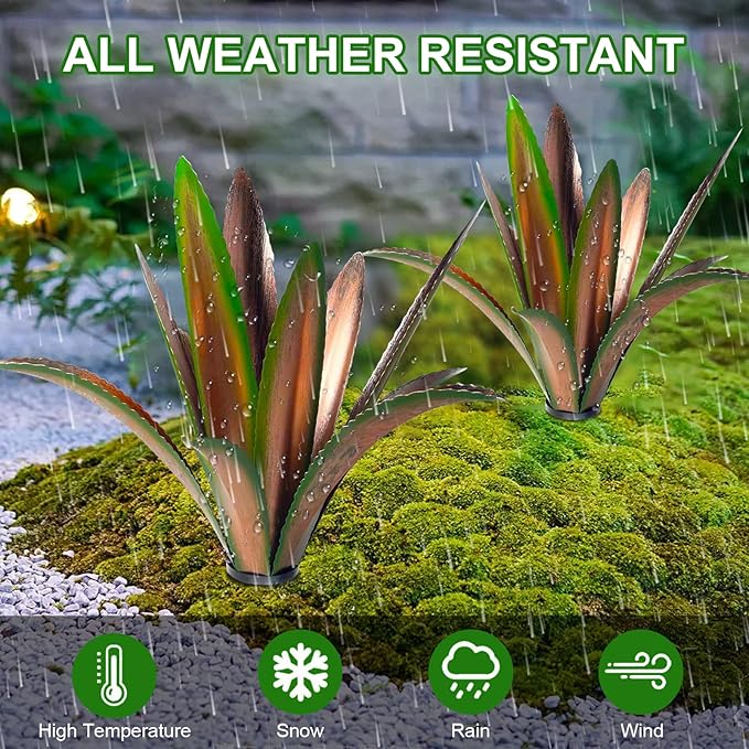 Enlarge thickened Wind Resistant Metal Agave Garden Art Metal Plant Country Garden Sculpture Statue Outdoor decoration Agave Metal Plant Courtyard Garden Lawn Ornament Gift (2, 12 Leaves Green)