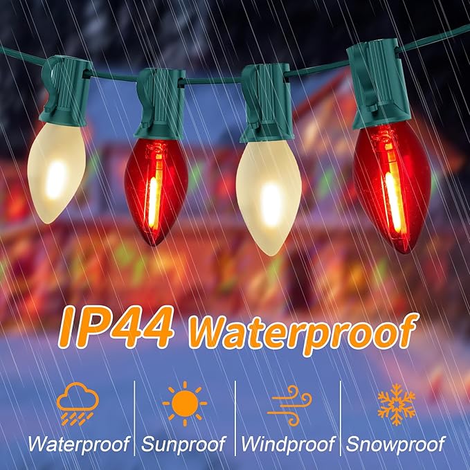 C7 LED Christmas String Lights, 25Ft Clear Red/ Frosted White Christmas String Lights with 27 LED Edison Bulbs, Connectable Vintage Christmas Lights for Outdoor Christmas Garden Wedding Party Decor