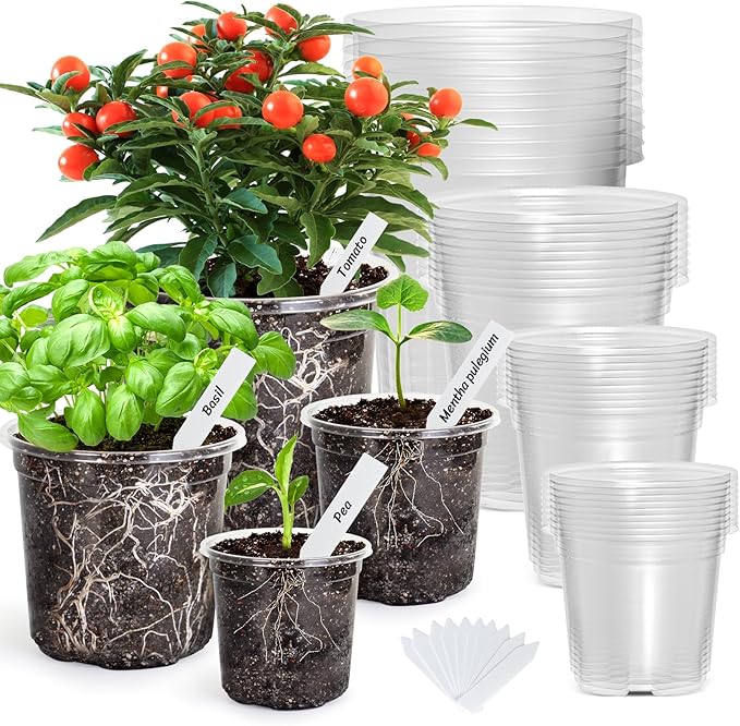 Bonviee Clear Nursery Pots for Plants, 6.7/5/4/3.5 Inch Reinforced Clear Nursery Pots with Drainage Hole, 36 Packs Transparent Plastic Plant Pot Seedling Planter Seed Starter Flower