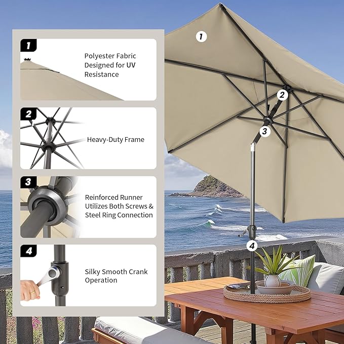 CROWN SHADES 9 Ft Patio Umbrella - Polyester Outdoor Umbrella with 30° Push Button Tilt, Patented Edge Connection Windproof Design for Patio, Pool, Garden & Table, UV Resistent