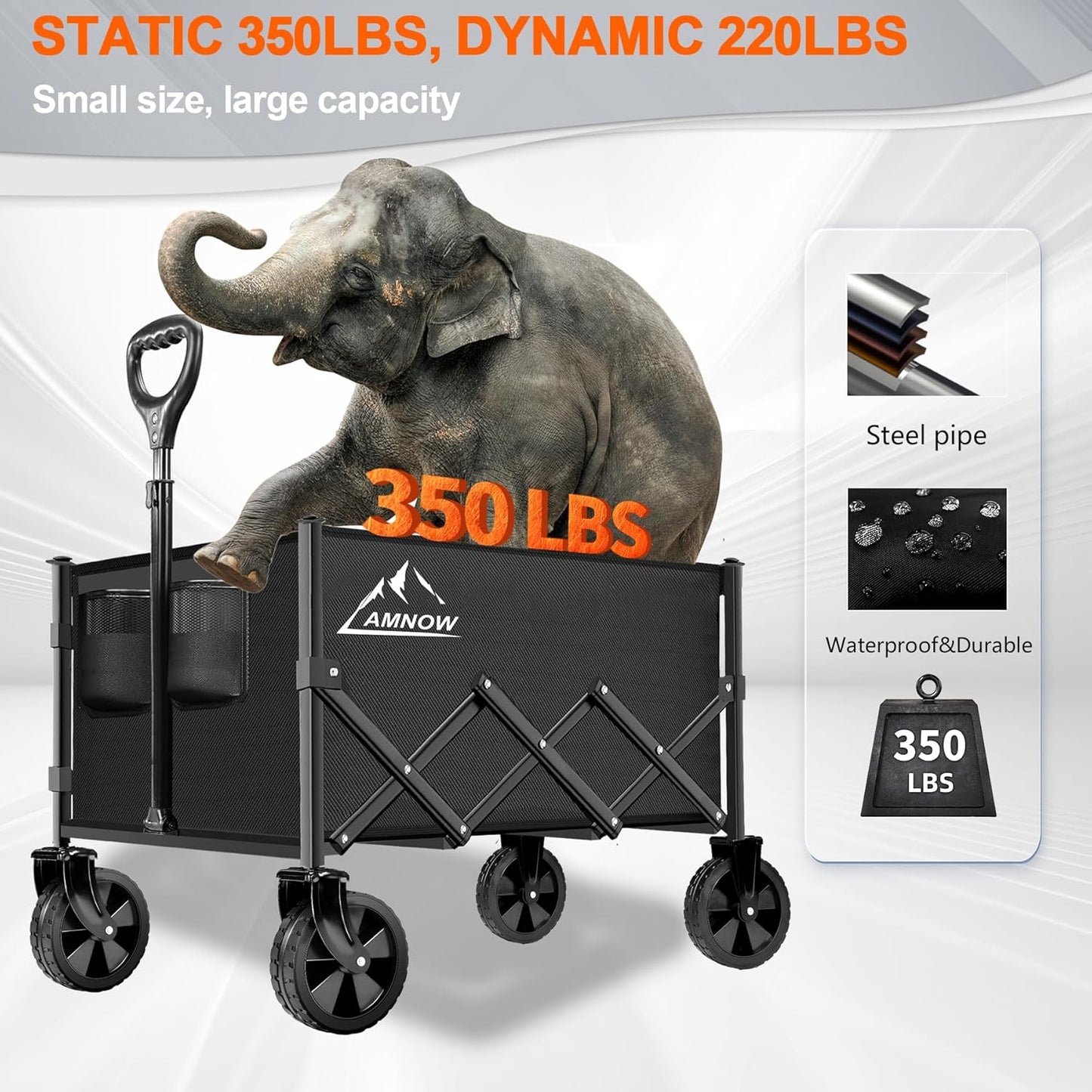 Collapsible Folding Wagon Cart, 350LBS Utility Large Capacity Cart Foldable Wagon with All Terrain Wheels, Grocery Wagons Carts for Garden Shopping Sports Camping, Black