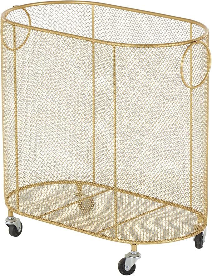 Deco 79 Metal Storage Cart Oval Mesh Wire Rolling Laundry with Ring Handles, 21" x 12" x 21", Gold