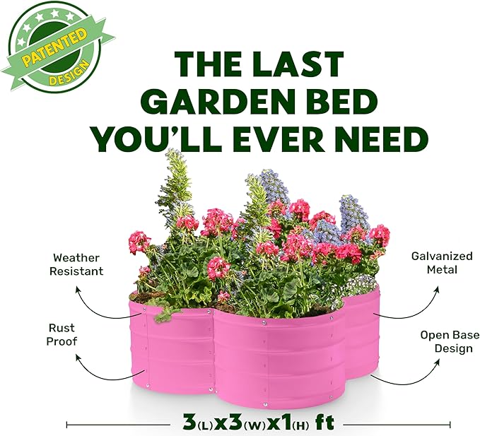Galvanized Raised Garden Beds Outdoor // 3×3×1 ft Planter Raised Beds for Gardening, Vegetables, Flowers // Large Metal Garden Box (Pink) // Patented Tool-Free Design