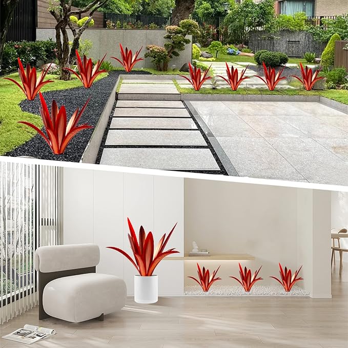 Enlarge Thickened Wind Resistant Metal Agave Garden Art Metal Plant Country Garden Sculpture Statue Outdoor Decoration Agave Metal Plant Courtyard Garden Lawn Ornament Gift (2, 12 Leaves red)