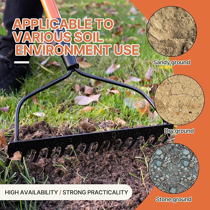 Garden Rake Heavy Duty with Orange Fiberglass Handle - 14-Tooth Metal Yard Hard Rake for Gardening, Farming, and Yard Work ,57 Inch