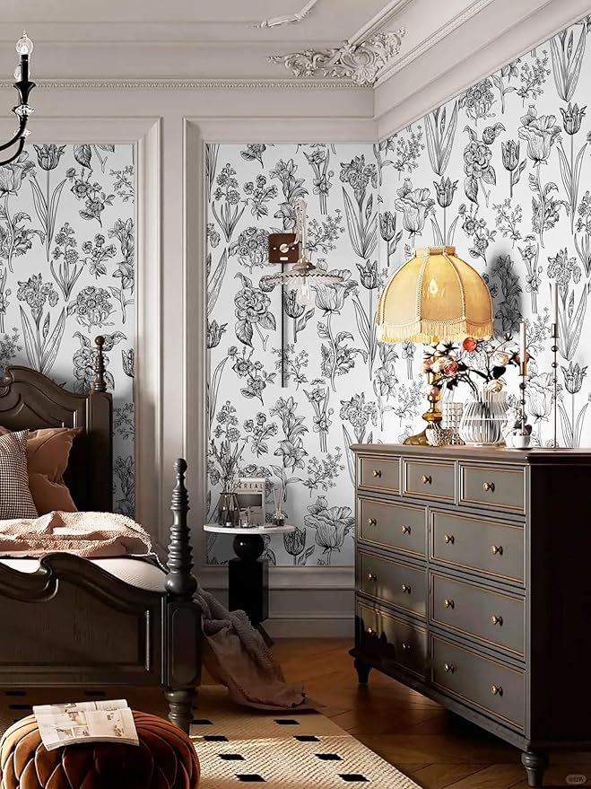 Dimoon 78.7"x17.3" Floral Peel and Stick Wallpaper White Contact Paper Waterproof Black Lines Wallpaper Vintage Flower Thicken Plant Self Adhesive Removable Wall Covering Shelf Liner Decal Vinyl Roll