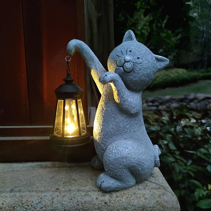 Cat Solar Garden Statues,Resin Cat Figurine Decorations with Solar Lights Lantern, Outdoor，Statue Decor Art for Lawn,Yard,Unique Housewarming Gift for Garden Home