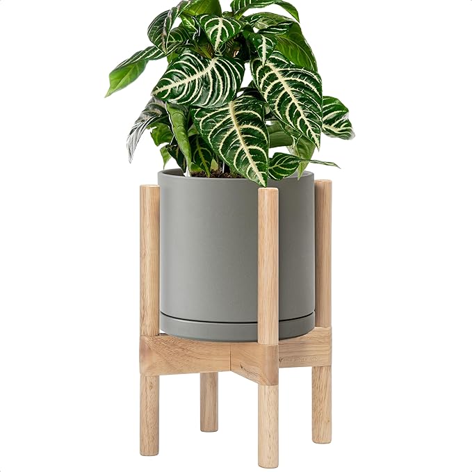 D'vine Dev Ceramic Planter with Natural Stand - 8 Inch Modern Round Flower Pot with Wood Planter Holder, Grey, 55-B-N-3