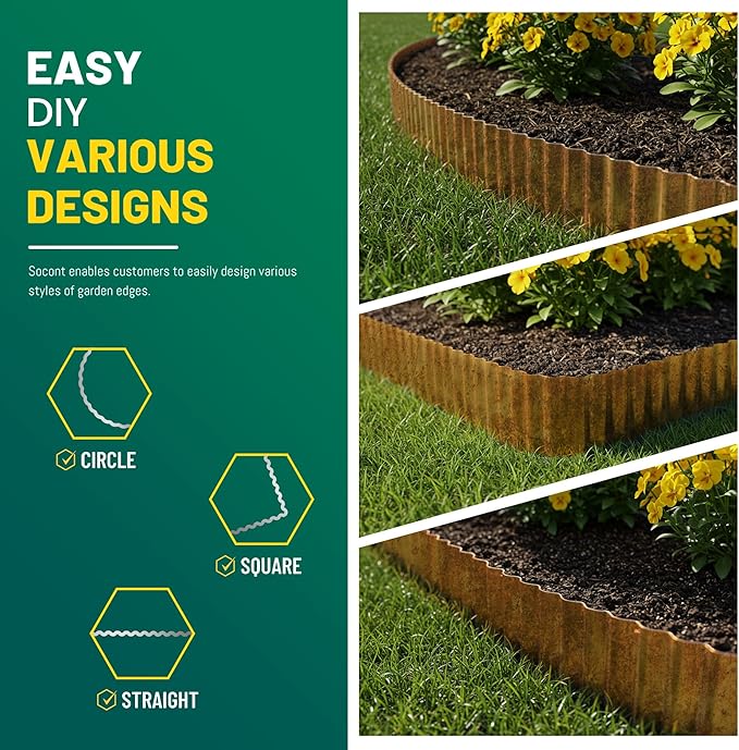 Corrugated Metal Garden Edging, 10"×20Ft Durable Landscape Border for Garden, Lawn, Flower Beds and Paver Edging (Rusty)