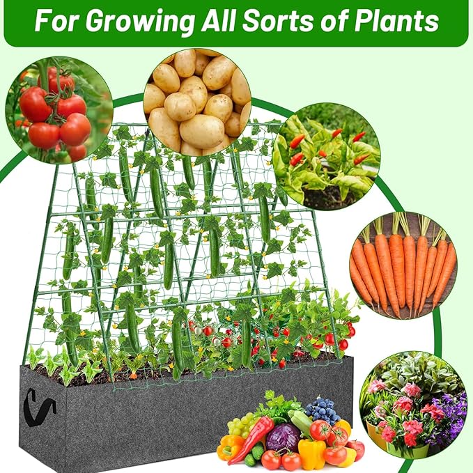 Cucumber Trellis for Garden, 45 x 53 Inches A Frame Outdoor Greenhouse Trellis with 46 Gallon Fabric Raised Bed, Climbing Net and Plant Support Clips for Climbing Plants