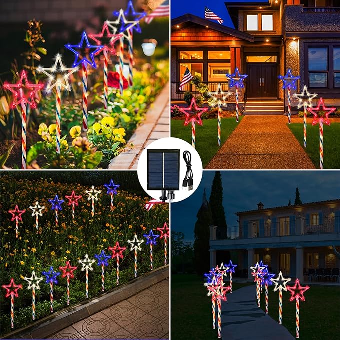 4th of July LED Big Star Pathway Lights Patriotic Lights Outdoor, for Memorial Day Independence Day Any Patriotic Decorations, 8 Mode Remote Control Solar Powered(2 Pack, 180 LED)