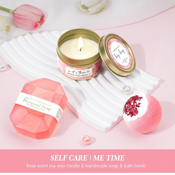 Birthday Gifts for Women Self Care Get Well Soon Gifts, Rose Relaxing Spa Gift Basket - Happy Birthday Set w/ Luxury Flannel Blanket & 40 oz Tumbler, Christmas Gift for Mom Her Wife Sister Friend