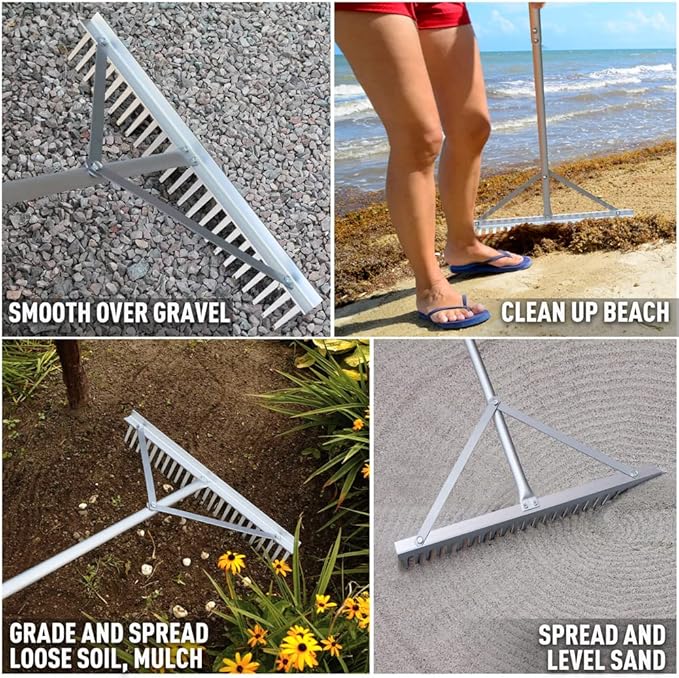 Colwelt Landscape Rake - 24Tines, Aluminum Head with 68" Handle, 24" Width for Beach & Lawn Care