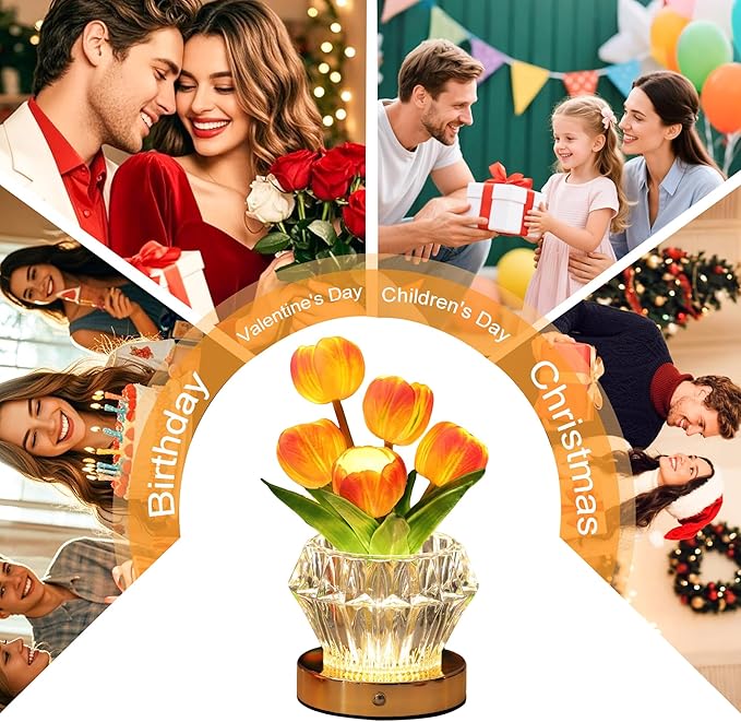 Tulip Flower Lamp with Diamond Vase, 3 Color LED Night Light, Dimmable Touch Control, Artificial Floral Decor for Bedroom Bar Coffee Shop Wedding Birthday Gifts for Women Christmas Valentine Day